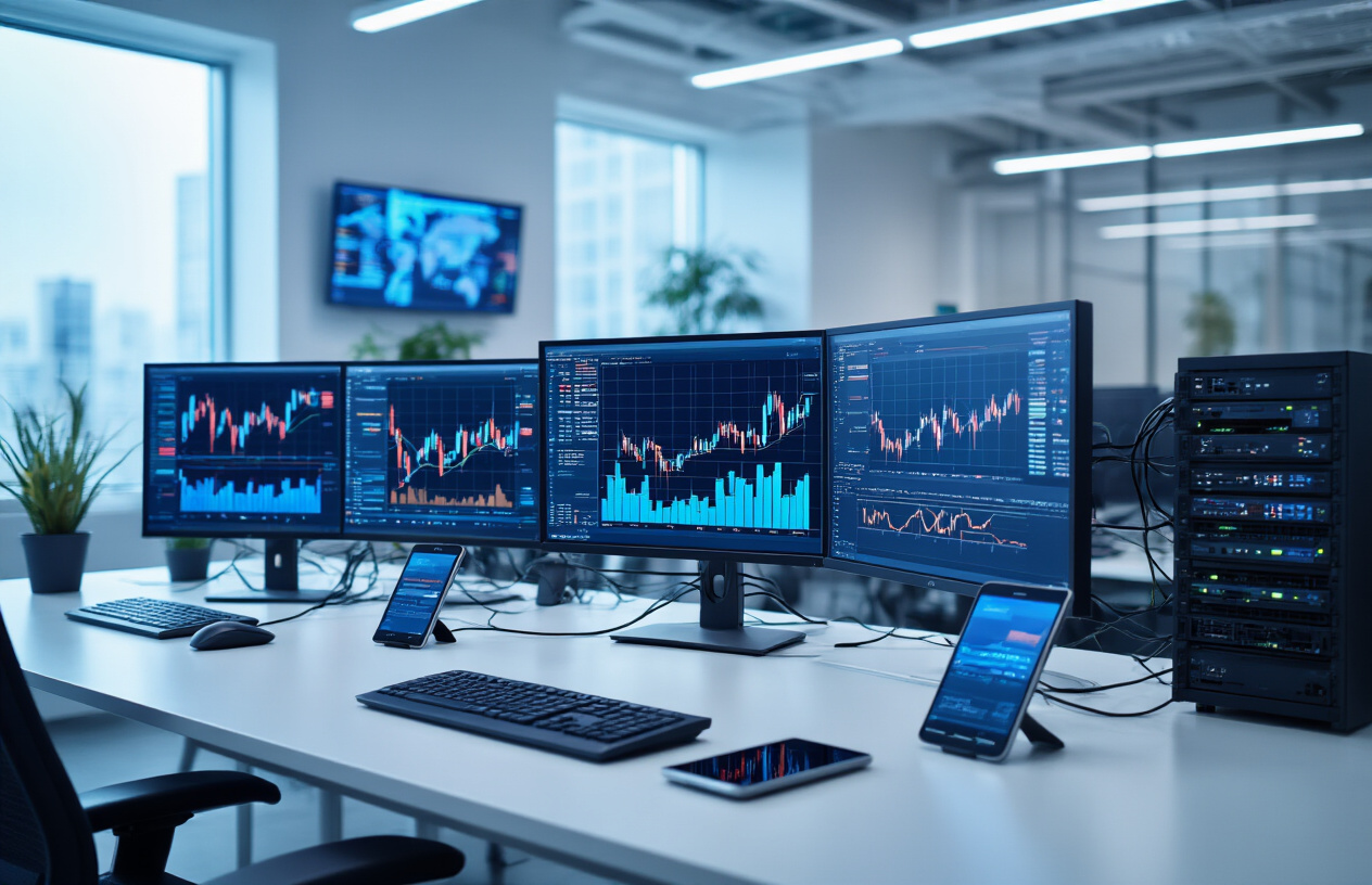 Create a realistic image of a modern technology office environment featuring sleek computer workstations with multiple monitors displaying stock charts and financial data, high-tech telecommunication equipment including servers and network devices, fiber optic cables, smartphones and tablets scattered on desks, with soft blue and white LED lighting creating a professional atmosphere, glass surfaces reflecting the digital displays, and a clean minimalist background suggesting innovation and growth in the tech sector, absolutely NO text should be in the scene.