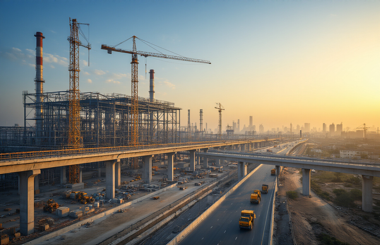 Create a realistic image of modern industrial infrastructure in India featuring large manufacturing facilities with steel frameworks, construction cranes, concrete pillars, and industrial equipment in the foreground, with newly built highways, bridges, and urban development visible in the background, captured during golden hour lighting that creates a warm, optimistic atmosphere suggesting economic growth and prosperity, with clear blue skies and some construction vehicles positioned throughout the scene. Absolutely NO text should be in the scene.