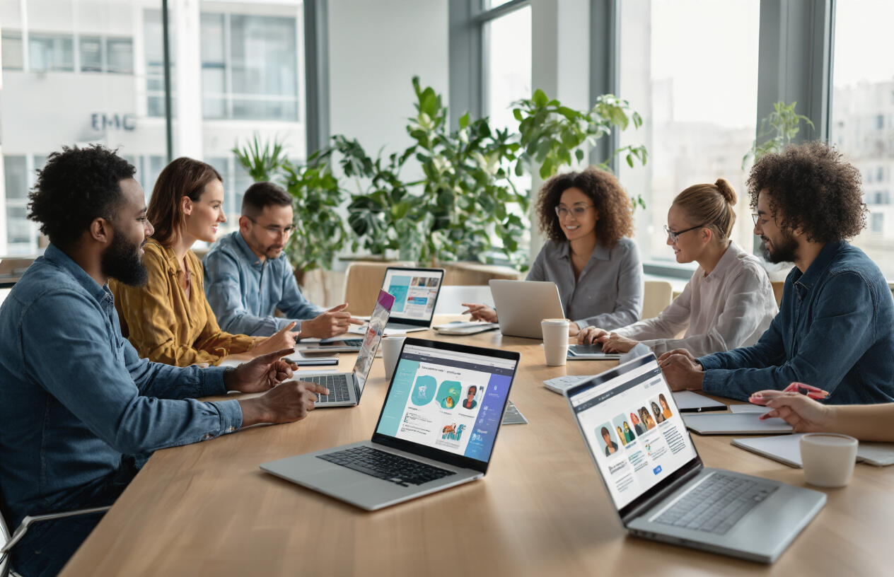 Create a realistic image of multiple diverse people of different races and genders sitting around a modern conference table with laptops and tablets open, showing various community platform interfaces on their screens, in a bright contemporary office space with large windows, soft natural lighting, collaborative atmosphere with people engaged in discussion and pointing at their devices, clean minimalist background with plants and modern furniture, warm and inviting mood suggesting teamwork and digital connectivity, absolutely NO text should be in the scene.