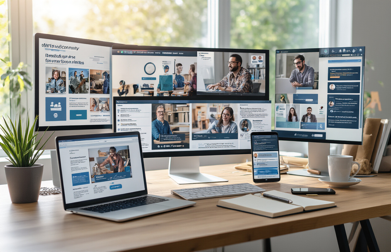 Create a realistic image of diverse digital platform interfaces displayed on multiple computer screens and mobile devices arranged on a modern desk, showing various specialized community features like forums, chat rooms, video conferencing, and social networking layouts, with soft natural lighting from a nearby window creating a professional workspace atmosphere, complemented by notebooks, coffee cup, and office supplies, representing different online community platform options. Absolutely NO text should be in the scene.