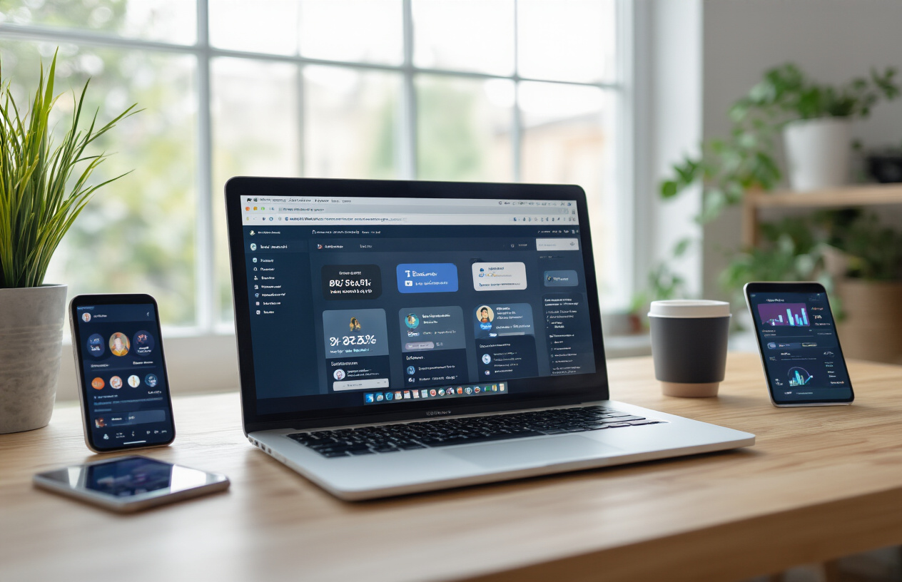 Create a realistic image of a modern workspace showing a laptop computer with multiple browser tabs open displaying different online community platform interfaces, surrounded by essential feature comparison elements like mobile devices, notification icons, user engagement symbols, and platform analytics dashboards spread across a clean wooden desk, with soft natural lighting from a window creating a professional atmosphere, absolutely NO text should be in the scene.
