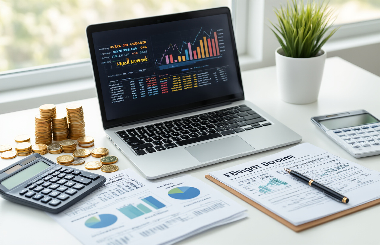 Create a realistic image of a modern desk setup with a laptop displaying colorful pricing charts and graphs, scattered coins and dollar bills, a calculator, financial documents with pie charts showing cost breakdowns, a smartphone showing budget apps, and a notepad with pen nearby, all arranged on a clean white desk surface with soft natural lighting from a window, creating a professional and organized atmosphere for financial planning and budgeting decisions, absolutely NO text should be in the scene.