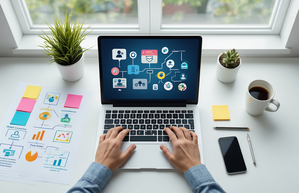Create a realistic image of a modern workspace desk from above showing an open laptop displaying various community platform logos and icons on the screen, surrounded by organized planning materials including flowcharts with different community goal categories, colorful sticky notes, a smartphone, and a coffee cup, set against a clean white desk surface with soft natural lighting from a window, creating a professional and organized atmosphere for strategic decision-making, absolutely NO text should be in the scene.