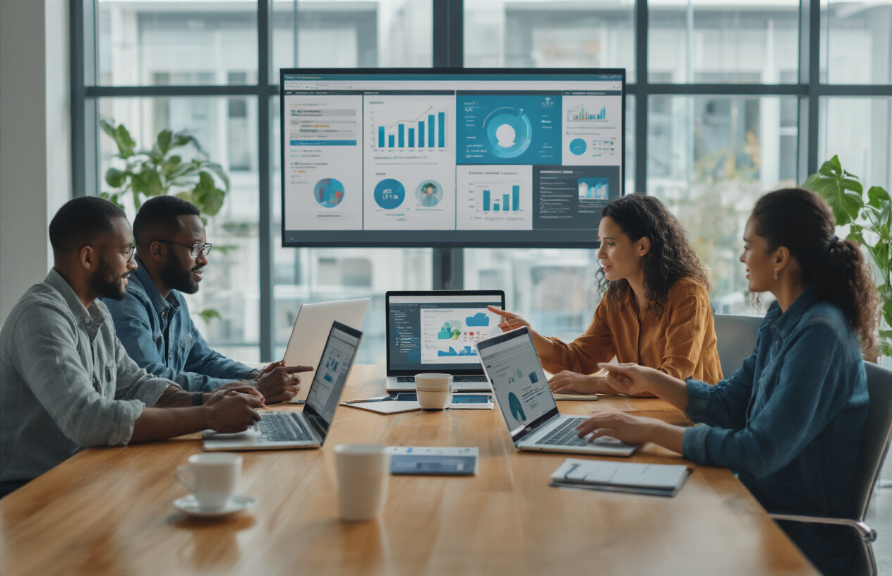Create a realistic image of a diverse group of people sitting around a modern conference table with laptops and tablets open, showing various community platform interfaces on their screens, with a bright modern office setting featuring large windows with natural lighting, charts and diagrams visible on a wall-mounted display in the background, capturing a collaborative decision-making atmosphere where a white female, black male, and Asian female are engaged in discussion while pointing at their devices, with coffee cups and notepads scattered on the table, conveying a sense of successful planning and community building achievement, absolutely NO text should be in the scene.