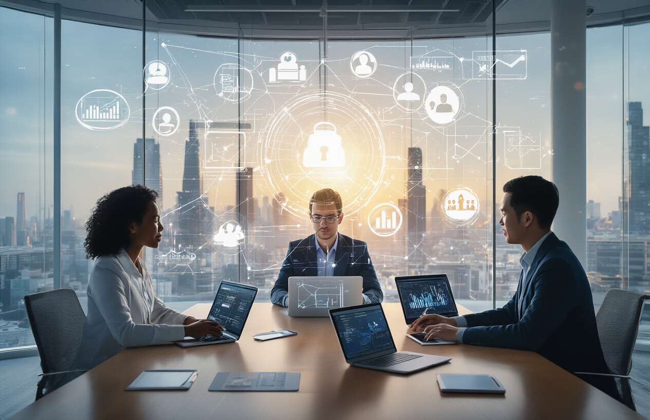 Create a realistic image of a modern office environment with diverse business professionals including a white male, black female, and Asian male collaborating around a large conference table, with multiple laptops and tablets displaying connected network diagrams and digital community symbols, surrounded by glass walls showing a futuristic cityscape, bright natural lighting streaming through floor-to-ceiling windows, floating holographic icons representing social connections and engagement metrics in the air above the table, creating an atmosphere of innovation and digital transformation, absolutely NO text should be in the scene.