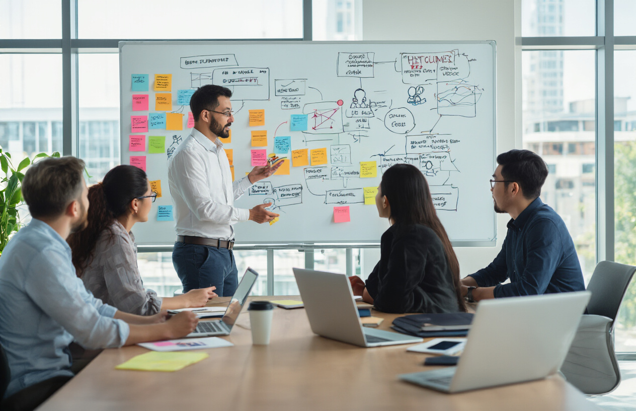 Create a realistic image of a diverse group of professionals sitting around a modern conference table in a bright office space, with a white male facilitator standing and gesturing toward a large whiteboard covered with colorful sticky notes, mind maps, and diagrams showing audience personas and community goals, while a black female and Asian male are actively participating in the discussion, with laptops and notebooks open on the table, natural lighting streaming through large windows, conveying a collaborative and strategic planning atmosphere, absolutely NO text should be in the scene.