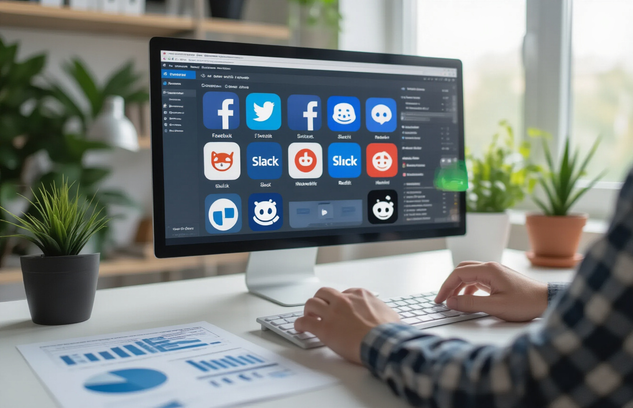 Create a realistic image of a modern workspace scene showing a computer screen displaying multiple social media and community platform interfaces including Facebook, Discord, Slack, and Reddit icons arranged in a grid layout, with a white male's hands typing on a keyboard in front of the monitor, surrounded by comparison charts and platform evaluation documents on a clean desk, bright natural lighting from a window, professional office environment with plants in the background, conveying decision-making and platform selection process, absolutely NO text should be in the scene.