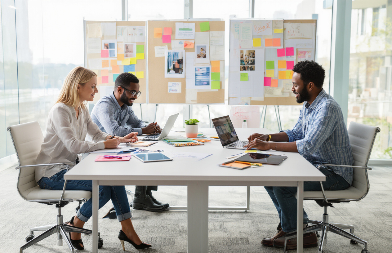 Create a realistic image of a diverse group of professionals including a white female and black male sitting around a modern conference table in a bright office space, strategically planning content creation with laptops, tablets, and notebooks open, surrounded by mood boards and sticky notes on glass walls, with soft natural lighting from large windows creating an atmosphere of collaborative innovation and careful preparation, showing the early stages of launching an online community project. Absolutely NO text should be in the scene.
