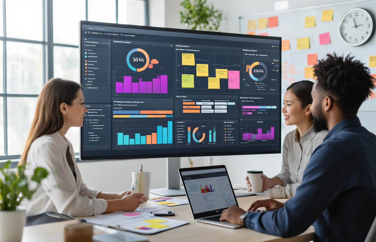 Create a realistic image of a modern workspace featuring a diverse group of people including a white female, black male, and Asian female collaborating around a large digital screen displaying colorful content calendars, social media post schedules, and engagement metrics charts, with laptops open showing community management dashboards, sticky notes arranged in organized patterns on a whiteboard, a clock showing consistent posting times, and warm natural lighting from large windows creating a productive atmosphere focused on systematic content planning and community engagement strategies, absolutely NO text should be in the scene.