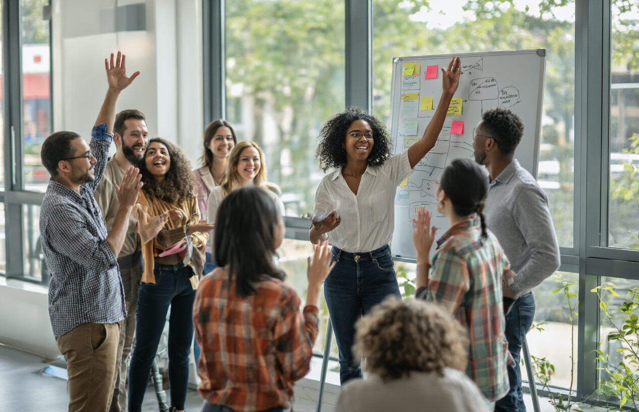 Create a realistic image of a diverse group of community members actively collaborating and leading initiatives, featuring a black female presenting ideas on a whiteboard to an engaged mixed-race audience including white, Asian, and Hispanic individuals both male and female, with people raising hands and participating enthusiastically, set in a modern collaborative workspace with natural lighting streaming through large windows, conveying empowerment and growth through vibrant colors and dynamic body language, absolutely NO text should be in the scene.