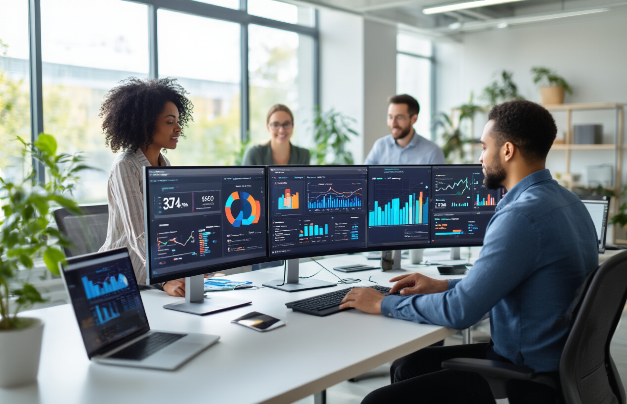 Create a realistic image of a modern office setting with multiple computer monitors displaying colorful data analytics dashboards, charts, and graphs showing community engagement metrics, with a diverse group of professionals including a black female data analyst and a white male community manager analyzing the displays, surrounded by laptops, tablets, and digital devices on a sleek desk, bright natural lighting from large windows, clean contemporary workspace with plants and modern furniture in the background, focused and collaborative atmosphere with people pointing at specific data points on screens, absolutely NO text should be in the scene.