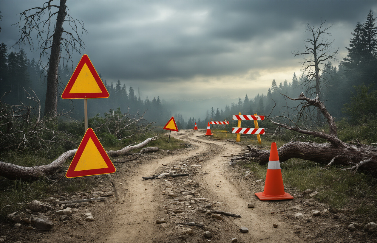 Create a realistic image of warning signs and obstacles on a winding path representing community building challenges, featuring red warning triangles, caution barriers, and roadblocks scattered along a dirt trail, with fallen tree branches and construction cones creating hazards, set against a cloudy overcast sky with dramatic lighting casting shadows on the path, conveying a sense of caution and the need for careful navigation, absolutely NO text should be in the scene.