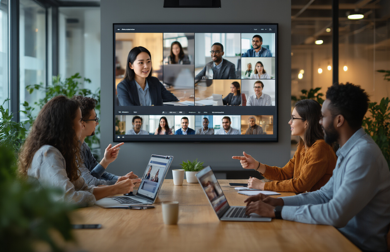 Create a realistic image of a diverse group of people sitting around a modern conference table with laptops and smartphones, watching a large wall-mounted screen displaying a video call with multiple participants in a grid layout, the scene shows an Asian female and a Black male actively engaged in discussion while pointing at the screen, a White female taking notes on her tablet, warm ambient lighting creates a collaborative atmosphere in a contemporary office space with glass walls and plants in the background, the mood is professional yet welcoming suggesting trust and engagement in building an online community, absolutely NO text should be in the scene.