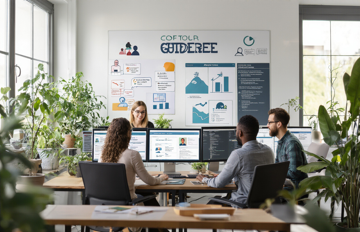 Create a realistic image of a diverse group of online community moderators working together at a modern digital workspace, featuring a white female moderator and a black male moderator sitting at computers with multiple monitors displaying community forums and moderation dashboards, surrounded by collaborative workspace elements like whiteboards with community guidelines symbols, charts showing positive engagement metrics, plants creating a welcoming atmosphere, natural lighting from large windows creating a productive and harmonious environment that represents effective community management and healthy online culture cultivation, with warm and professional lighting emphasizing teamwork and digital community building, absolutely NO text should be in the scene.
