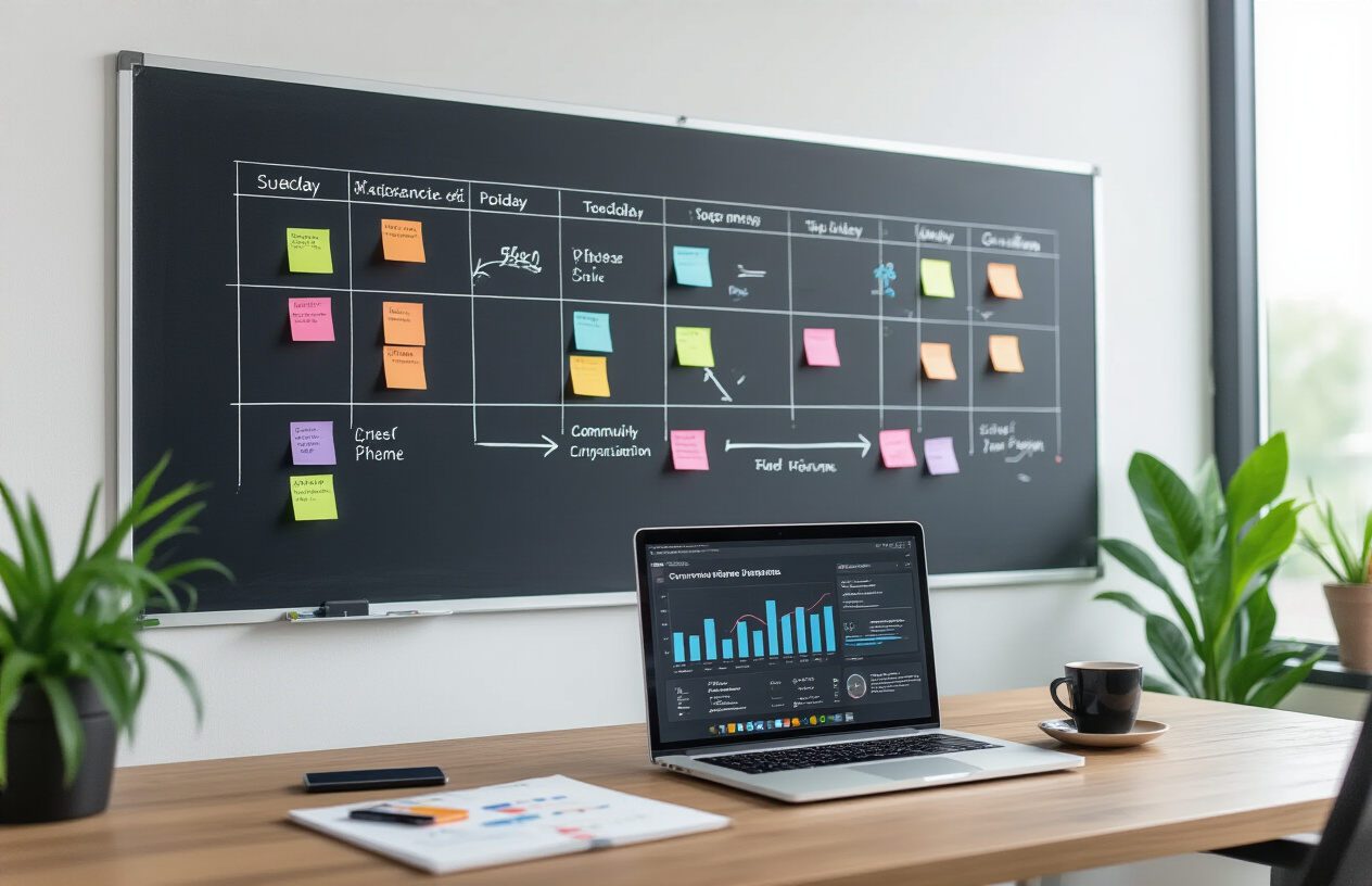 Create a realistic image of a modern workspace featuring a large wall-mounted whiteboard or planning board with a detailed 90-day timeline chart showing three distinct phases marked with colorful sticky notes, arrows, and milestone markers, with a sleek desk in the foreground containing an open laptop displaying community analytics dashboards, a smartphone, notepad with sketched community engagement strategies, and a coffee cup, surrounded by a bright, professional office environment with natural lighting from a large window, plants in the background, and a motivational atmosphere that conveys strategic planning and digital community building, absolutely NO text should be in the scene.
