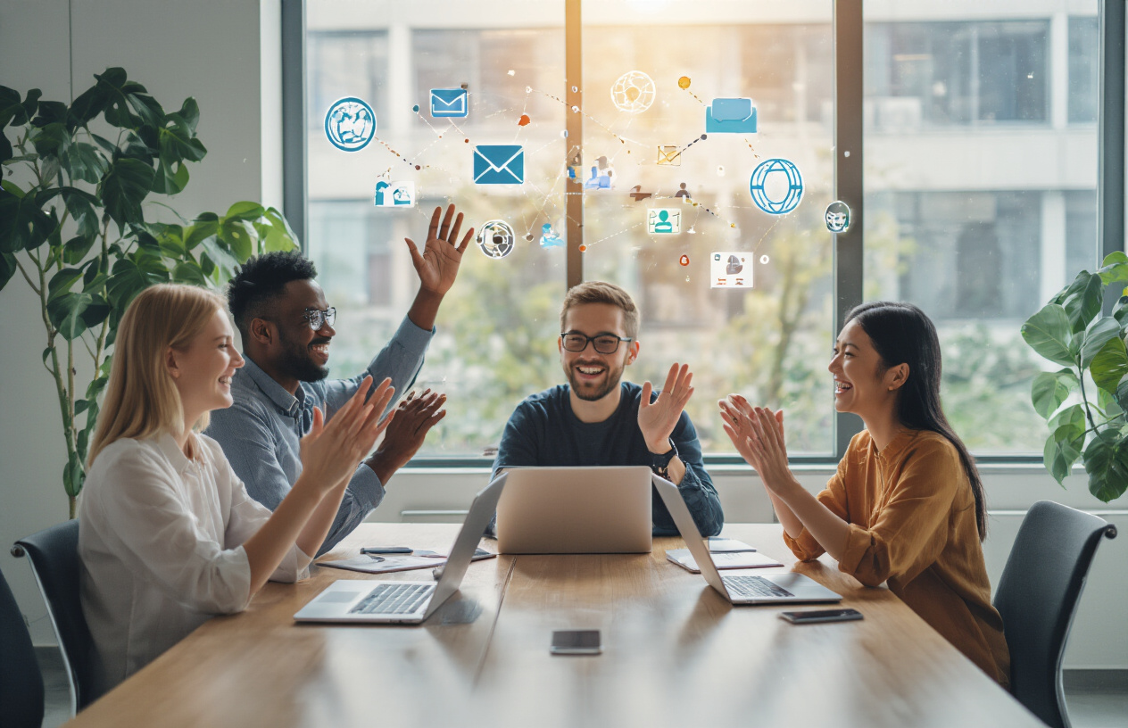 Create a realistic image of a diverse group of people including a white female, black male, and Asian female sitting around a modern conference table with laptops and tablets open, celebrating with raised hands and smiles in a bright, contemporary office space with large windows, natural lighting streaming in, digital devices displaying connection icons and community symbols floating subtly in the air above them, conveying success and achievement in building online communities, with a warm and triumphant mood, absolutely NO text should be in the scene.