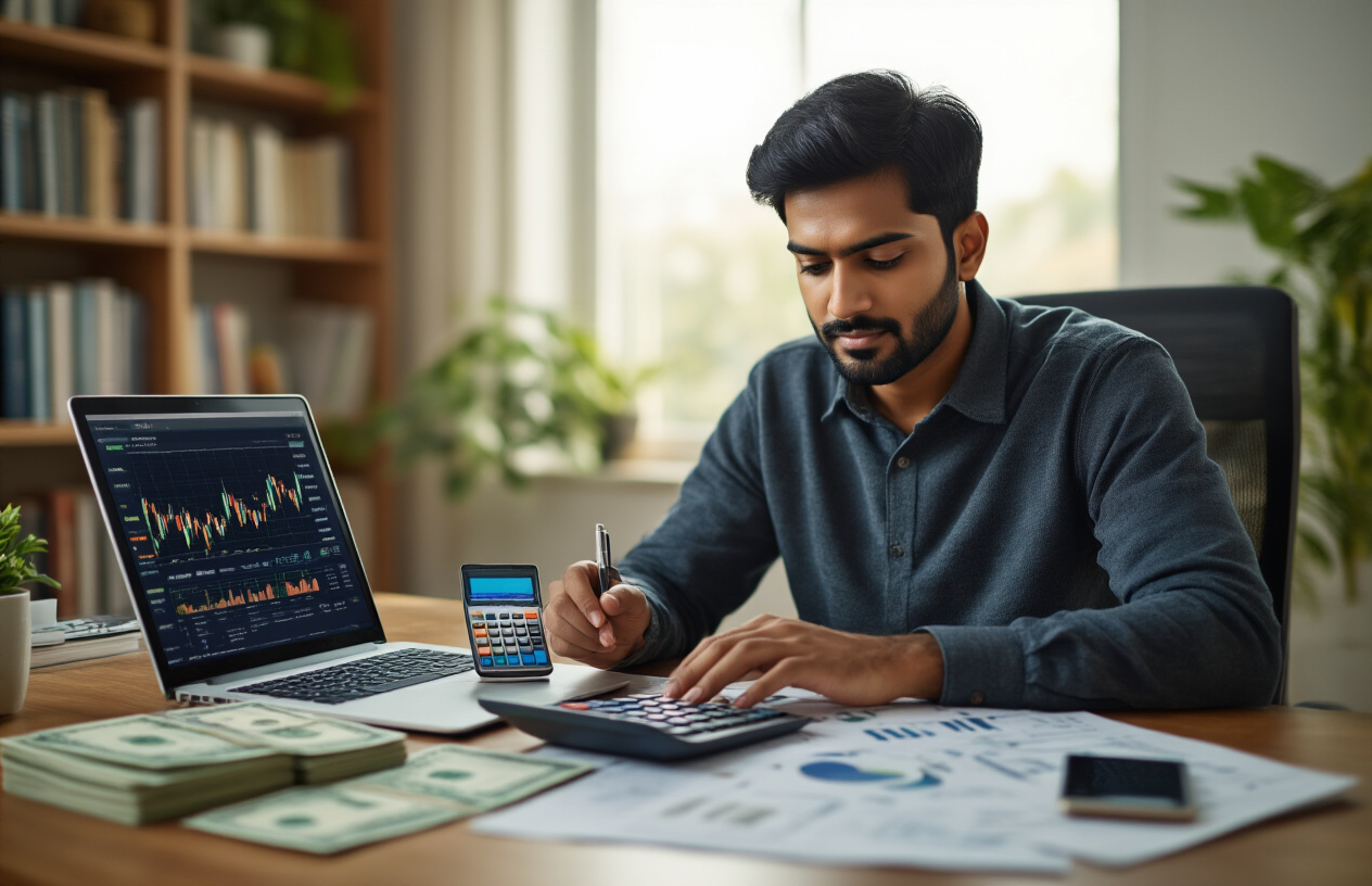 Create a realistic image of a South Asian male in his late 20s sitting at a modern desk with a laptop, calculator, and notebook showing investment calculations, with ₹1000 Indian currency notes neatly arranged nearby, a smartphone displaying a stock market app with colorful graphs and charts, investment documents and SIP forms spread across the desk, warm natural lighting from a window, professional home office background with bookshelves containing finance books, plants adding a fresh atmosphere, and a calm focused mood suggesting financial planning and learning, absolutely NO text should be in the scene.