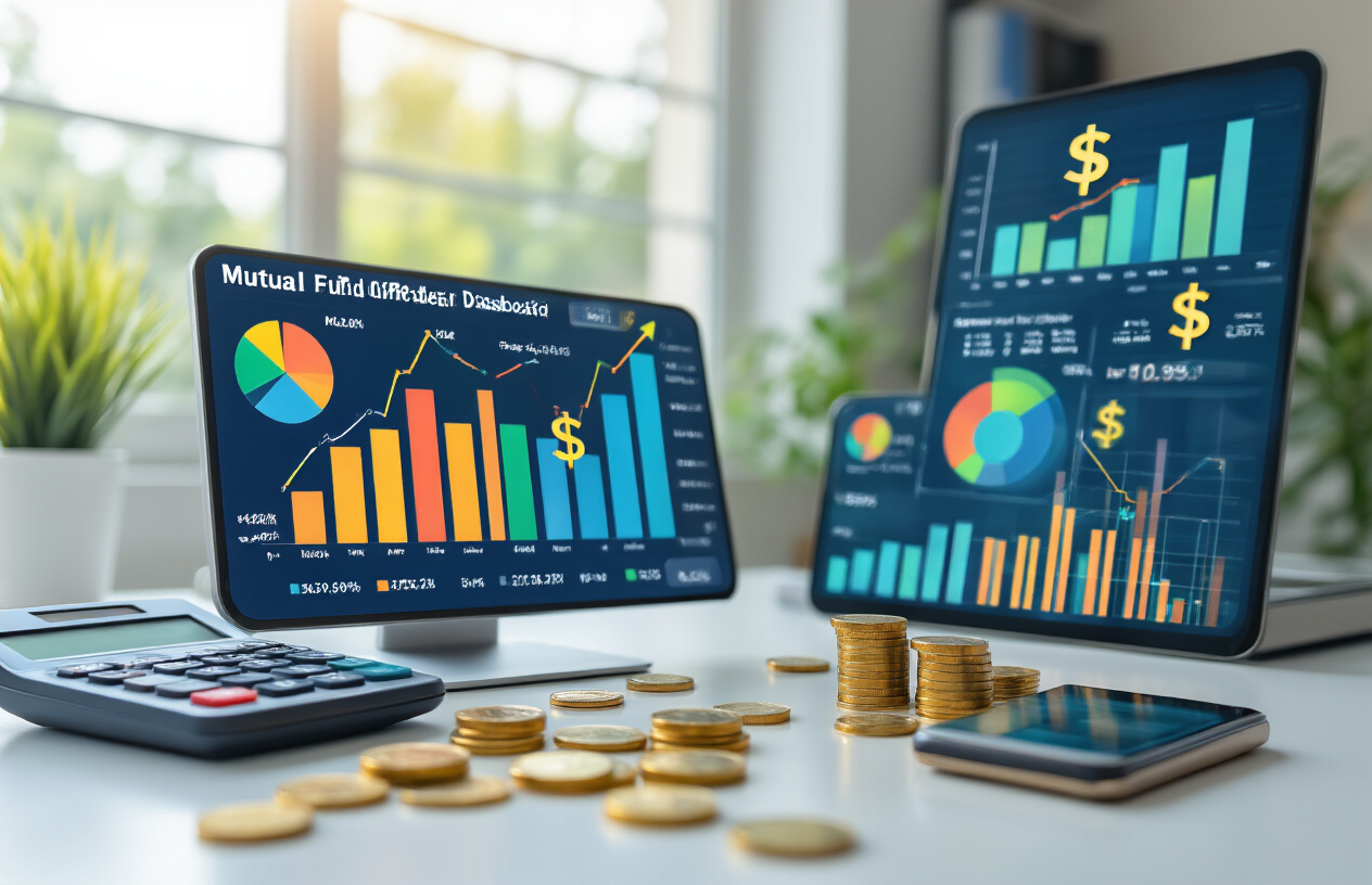 Create a realistic image of a modern financial dashboard display showing colorful bar charts and pie charts representing different mutual fund categories with upward trending arrows, surrounded by Indian rupee symbols and coins scattered on a clean white desk, with a calculator and smartphone displaying investment apps nearby, bright natural lighting from a window, professional office environment with a subtle blue and green color scheme suggesting growth and prosperity, absolutely NO text should be in the scene.