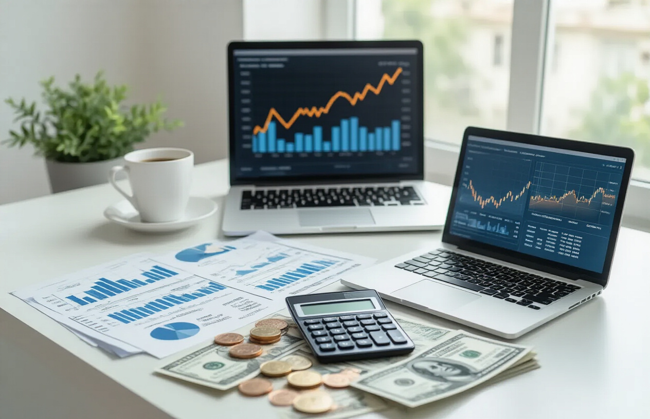 Create a realistic image of a modern office desk with financial documents, charts showing mutual fund performance graphs with upward trending lines, Indian rupee currency notes scattered around, a calculator, a smartphone displaying a investment app interface, a laptop screen showing fund comparison data, and a coffee cup, set against a clean white background with soft natural lighting from a window, conveying a professional and organized investment planning atmosphere, absolutely NO text should be in the scene.