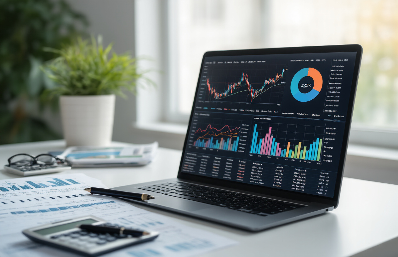 Create a realistic image of a modern laptop screen displaying financial charts and graphs with colorful line charts showing stock market performance trends, pie charts showing portfolio allocation, and bar graphs representing various investment metrics, with a calculator, pen, and financial documents spread on a clean white desk, soft natural lighting from a window creating a professional atmosphere, absolutely NO text should be in the scene.
