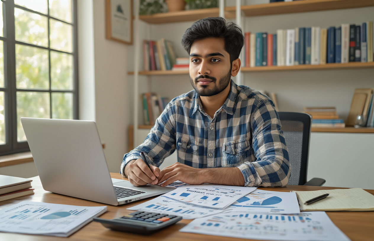 Create a realistic image of a young Indian male in his late twenties sitting at a modern desk with a laptop open, surrounded by essential investment documents including mutual fund brochures, risk assessment forms, and financial planning charts, with a calculator, pen, and notebook nearby, soft natural lighting from a window creating a focused learning atmosphere, clean office environment with bookshelves containing finance books in the background, the person appears thoughtful and engaged in studying investment materials, warm and encouraging mood suggesting careful financial planning, absolutely NO text should be in the scene.