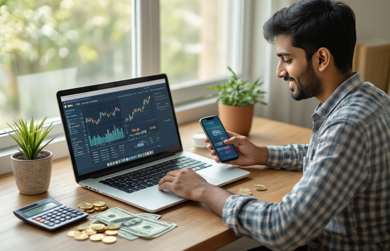 Create a realistic image of a young Indian male in his late twenties sitting at a modern desk with a laptop open, showing investment growth charts on the screen, with Indian rupee notes and coins scattered nearby, a smartphone displaying a mutual fund app, a small potted plant, and a calculator on the wooden desk surface, soft natural lighting coming from a window, creating a professional and optimistic atmosphere that conveys successful financial planning and investment growth, with a clean modern home office background, absolutely NO text should be in the scene.