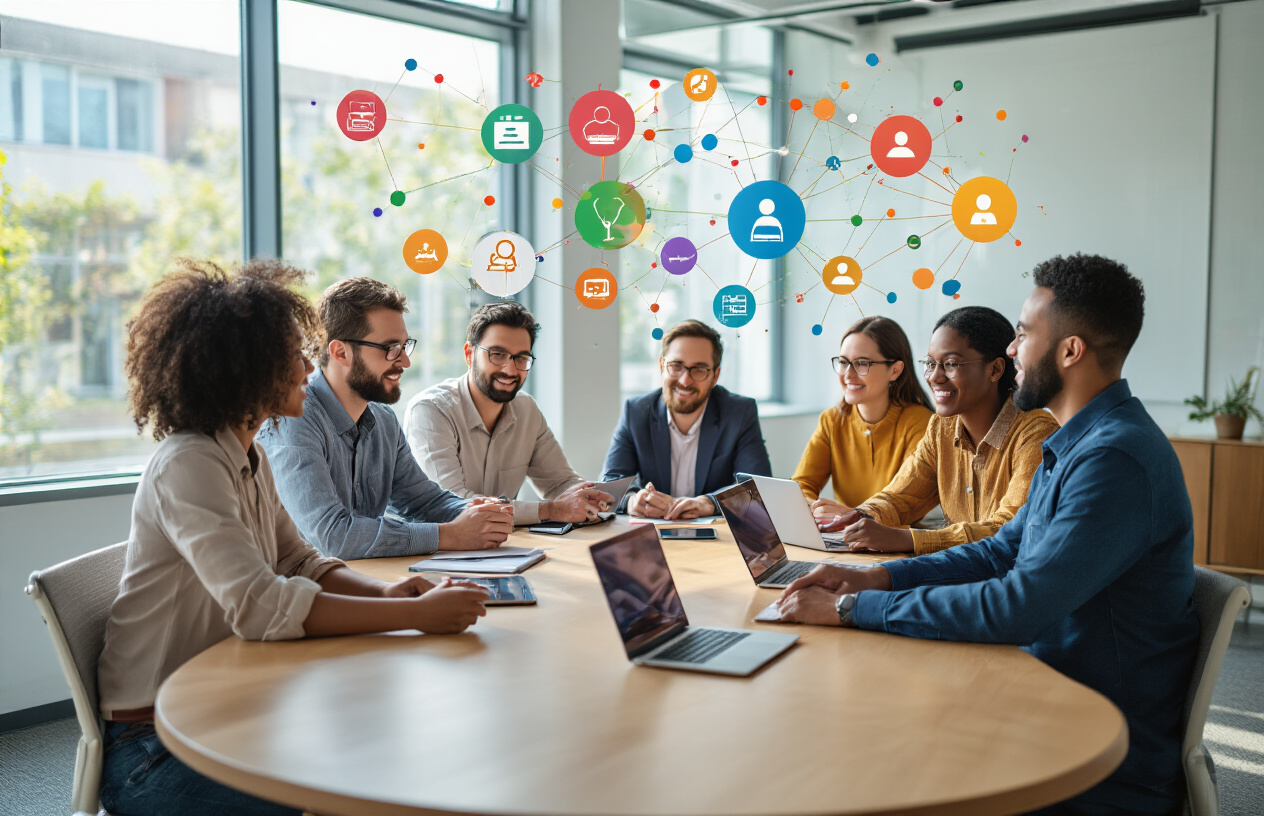 Create a realistic image of diverse people of different races and genders sitting around a large circular table in a modern conference room, with laptops and tablets open, engaged in collaborative discussion, colorful network connection icons and community symbols floating subtly in the air above them, bright natural lighting from large windows, warm and welcoming atmosphere, professional yet friendly mood, absolutely NO text should be in the scene.