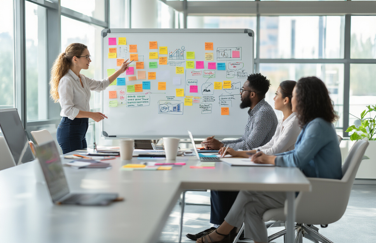 Create a realistic image of a diverse group of professionals sitting around a modern conference table in a bright, well-lit office space, with a white female facilitator standing and pointing to a large whiteboard covered with colorful sticky notes, mind maps, and diagrams showing different community categories and target audience segments, while a black male and an Asian female participant are actively engaged in discussion, with laptops, notebooks, and coffee cups scattered on the table, natural lighting streaming through large windows, creating an atmosphere of collaborative brainstorming and strategic planning, absolutely NO text should be in the scene.