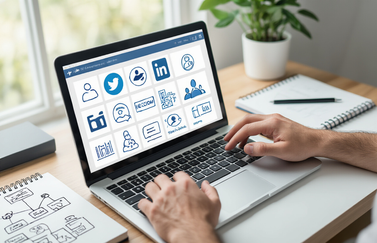 Create a realistic image of a modern workspace showing a laptop computer screen displaying various social media and community platform logos and interfaces in a grid layout, with a white male's hands hovering over the keyboard as if comparing options, surrounded by notebooks with sketched diagrams of different community structures like forums, groups, and hierarchical layouts, set against a clean desk with natural lighting from a nearby window, creating a focused and decision-making atmosphere. Absolutely NO text should be in the scene.