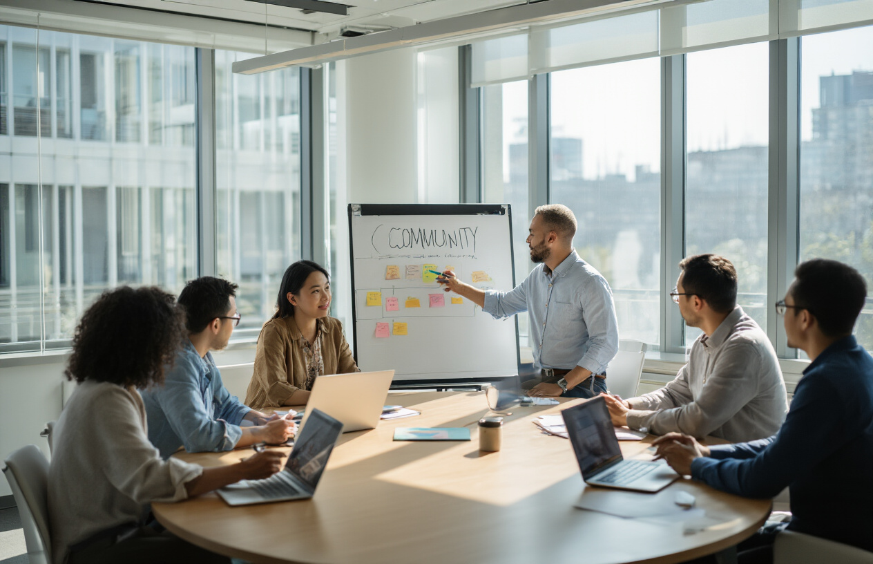 Create a realistic image of a diverse group of people sitting around a modern conference table in a bright, professional office space, with a white male facilitator presenting community guidelines on a whiteboard while a black female and Asian male participants take notes on laptops, warm natural lighting streaming through large windows, collaborative and focused atmosphere, absolutely NO text should be in the scene.