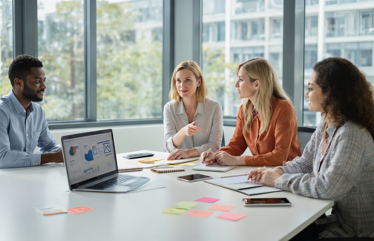 Create a realistic image of a diverse group of three people sitting around a modern conference table in a bright office setting, with a white female moderator in the center pointing to a laptop screen, flanked by a black male and an Asian female, all engaged in discussion about community management, with sticky notes, notebooks, and mobile devices scattered on the table, natural daylight streaming through large windows, professional yet collaborative atmosphere, absolutely NO text should be in the scene.