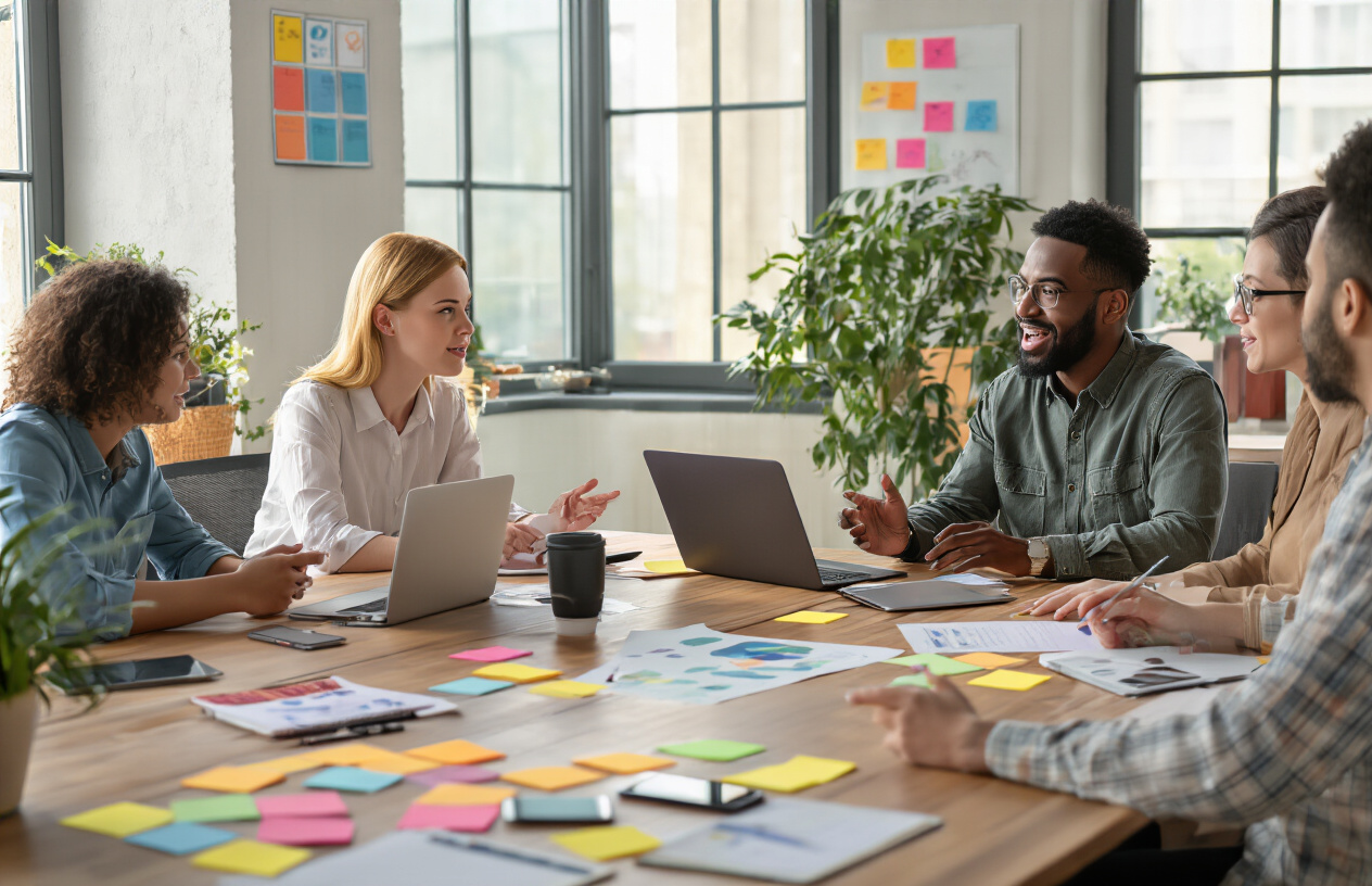 Create a realistic image of a diverse group of people sitting around a modern conference table brainstorming content ideas, with a white female and black male actively discussing while looking at laptops and smartphones, colorful sticky notes and notebooks scattered on the table, large windows providing natural daylight, creative office environment with plants and motivational posters on walls, warm and collaborative atmosphere, people engaged in animated conversation and gesturing, absolutely NO text should be in the scene.