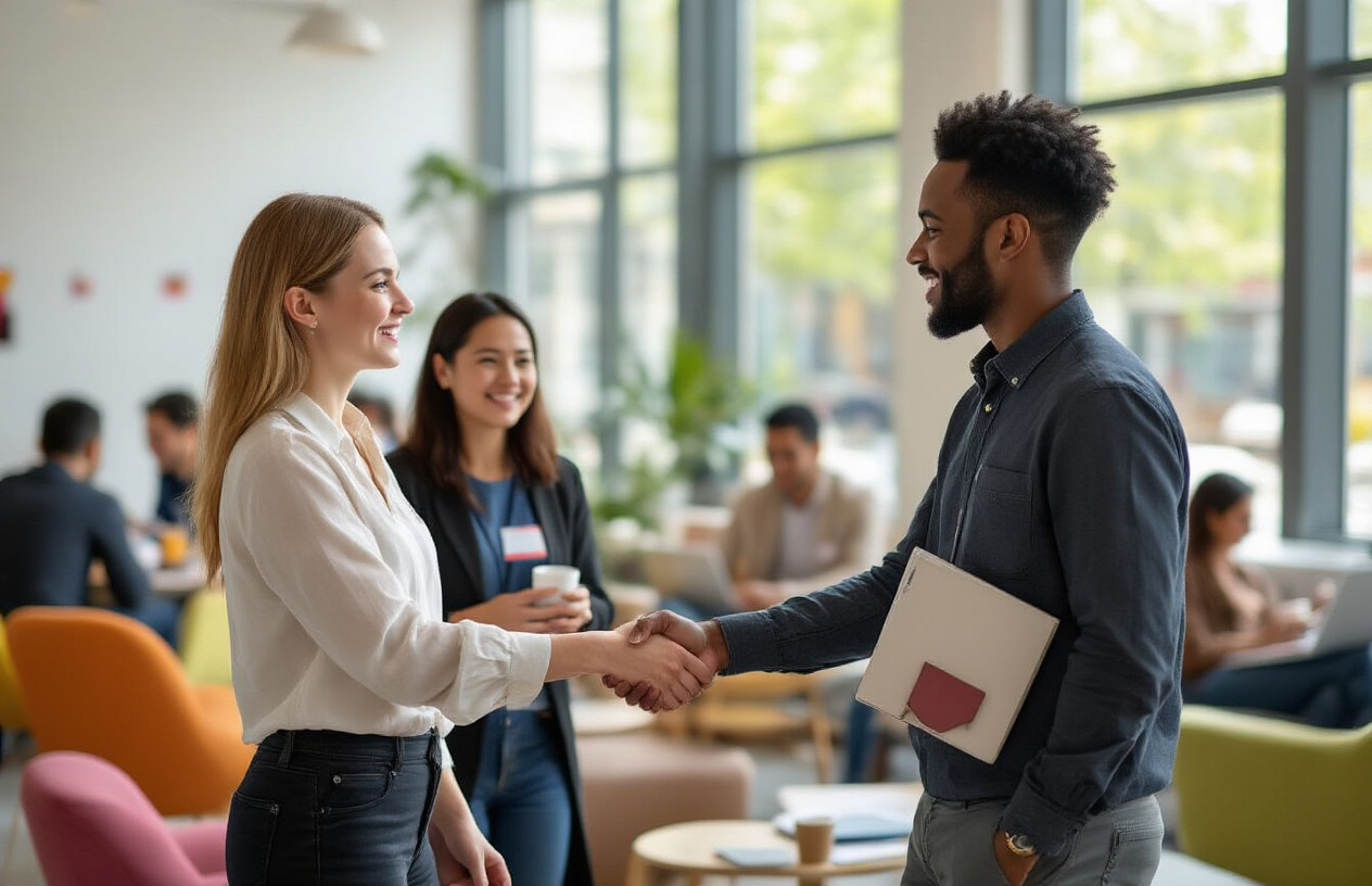 Create a realistic image of diverse group of people networking at a modern community event, showing a white female and black male shaking hands in the foreground, with an Asian female and Hispanic male engaged in conversation nearby, set in a bright contemporary co-working space with natural lighting from large windows, featuring casual seating areas with colorful chairs and small tables, laptops and notebooks scattered around, people holding coffee cups and name tags, warm and welcoming atmosphere with soft natural lighting, capturing the essence of community building and professional networking, absolutely NO text should be in the scene.