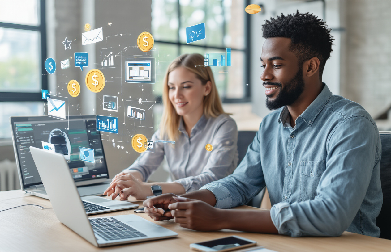 Create a realistic image of a diverse group of people including a white female and black male sitting at a modern desk with laptops, smartphones, and tablets displaying various revenue streams like subscription icons, digital payment symbols, and dollar signs floating above the devices, in a bright contemporary office setting with large windows showing natural daylight, conveying a professional and successful atmosphere focused on digital monetization strategies, absolutely NO text should be in the scene.