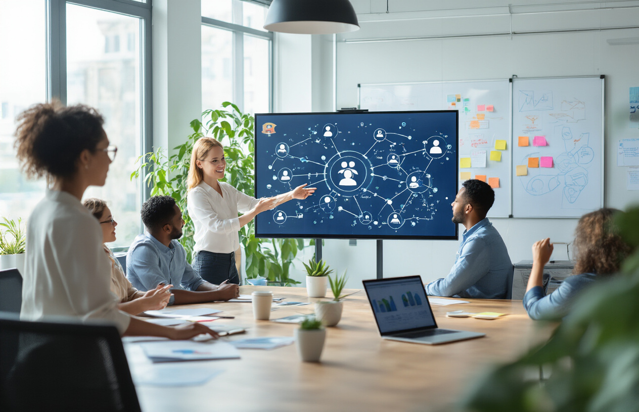 Create a realistic image of a diverse group of people sitting around a modern conference table in a bright, contemporary office space, with a white female facilitator standing and gesturing toward a large wall display showing interconnected network nodes and community icons, while a black male participant points to a laptop screen showing community engagement metrics, an Asian female taking notes, and a Hispanic male nodding in agreement, with natural lighting streaming through large windows, creating an atmosphere of collaboration and successful community building completion, surrounded by whiteboards with diagrams and sticky notes, potted plants in the background, and modern office furniture, conveying a sense of accomplishment and forward momentum, absolutely NO text should be in the scene.