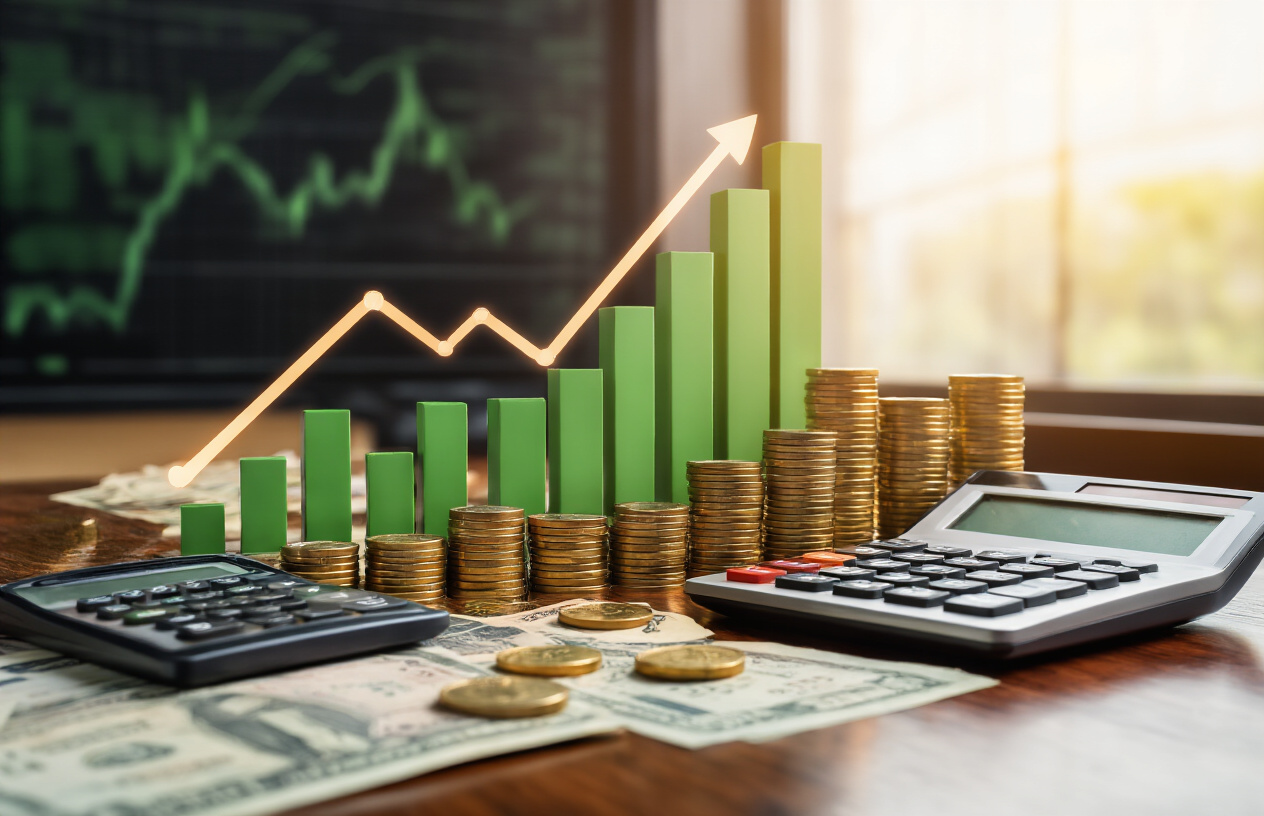 Create a realistic image of an upward trending financial growth chart with green ascending bars and a smooth rising arrow line, surrounded by stacks of Indian rupee coins and currency notes in denominations under 1000, with a calculator and financial documents scattered on a polished wooden desk, under warm natural lighting from a window, creating a professional and optimistic investment atmosphere, absolutely NO text should be in the scene.