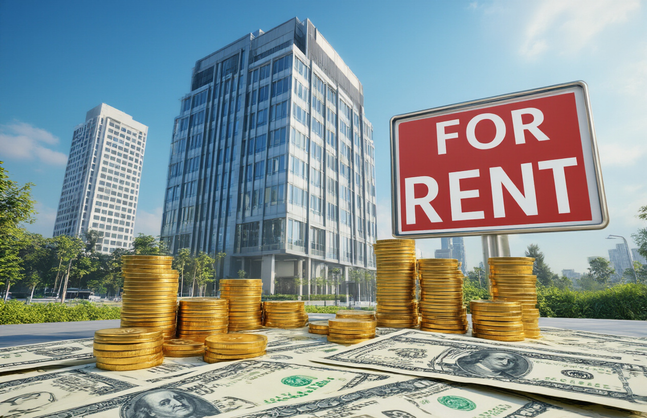 Create a realistic image of a modern office building representing a real estate investment trust with a prominent "FOR RENT" sign, surrounded by other commercial properties, with stacks of gold coins and Indian rupee currency notes in the foreground symbolizing monthly dividend payments, set against a bright blue sky with soft natural lighting, conveying prosperity and steady income generation, absolutely NO text should be in the scene.