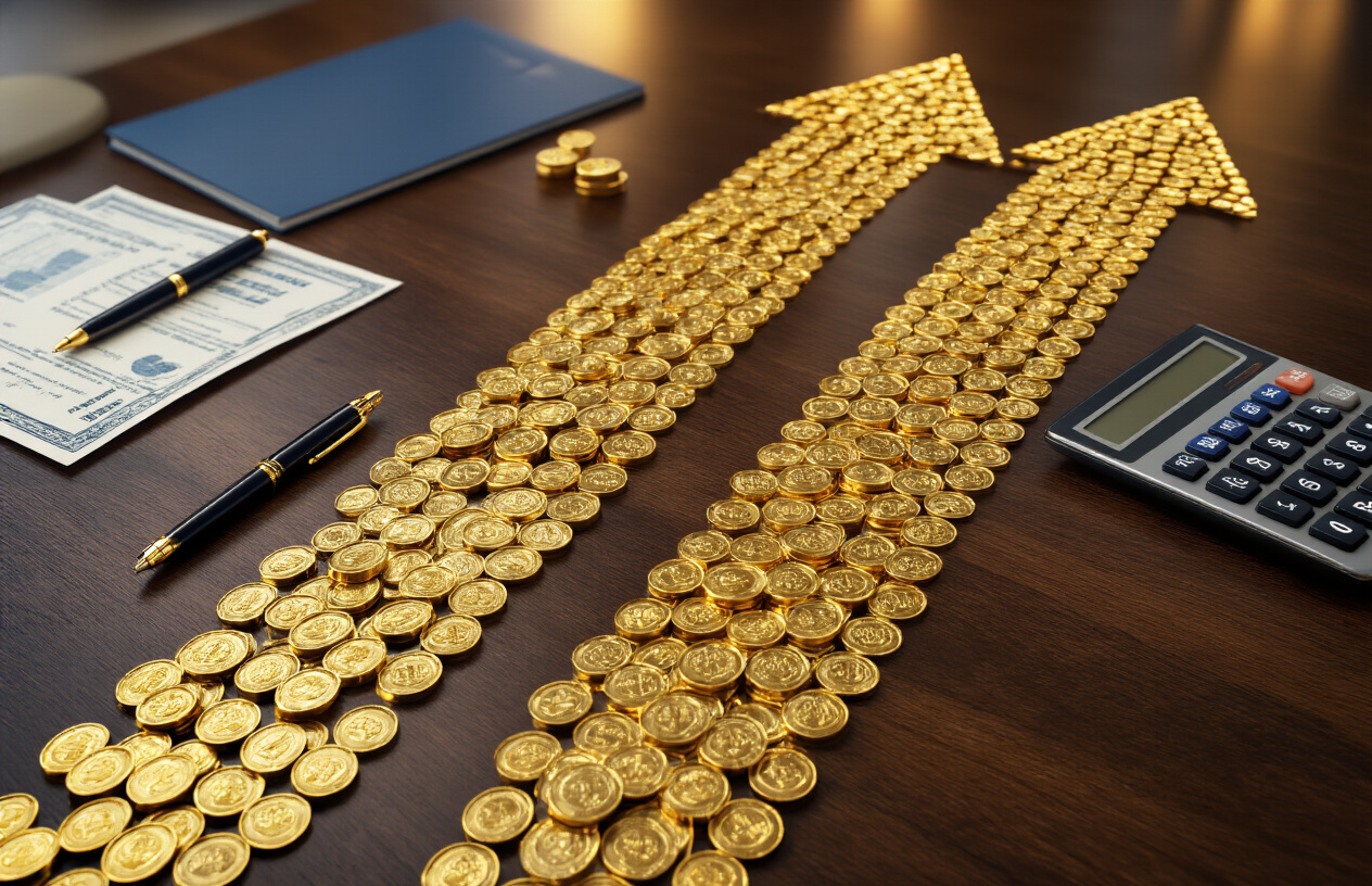 Create a realistic image of a professional financial concept showing two distinct dividend payment streams represented by two parallel arrows or flows of golden coins moving toward a central point, with stock certificates and financial documents scattered on a polished wooden desk, a calculator and pen nearby, warm office lighting creating a trustworthy business atmosphere, rich colors of gold and deep blue representing prosperity and stability, absolutely NO text should be in the scene.
