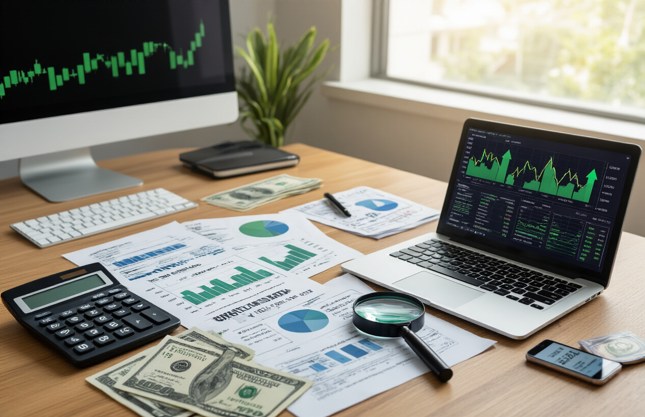 Create a realistic image of a modern office desk with financial documents, charts showing upward growth trends, calculator, stock market graphs with green ascending arrows, Indian rupee currency notes scattered around, a laptop displaying colorful financial analytics dashboard, magnifying glass over dividend yield percentages, corporate annual reports, and a smartphone showing stock trading app, all arranged on a clean wooden desk surface with soft natural lighting from a window, professional business atmosphere, absolutely NO text should be in the scene.