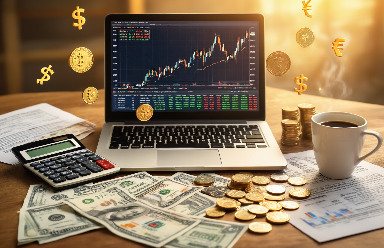 Create a realistic image of a modern Indian stock market investor's desk with a laptop displaying colorful upward trending dividend growth charts and graphs, scattered Indian rupee notes and coins around the workspace, a calculator showing profit calculations, dividend yield percentage symbols floating subtly in the air, a coffee cup, and financial documents with stock certificates visible in the background, warm golden lighting creating an optimistic and prosperous atmosphere, absolutely NO text should be in the scene.