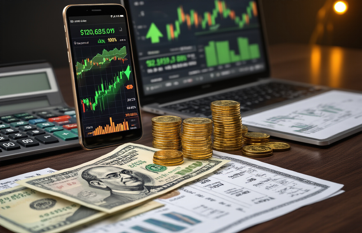 Create a realistic image of a modern office desk with Indian rupee banknotes (₹500 and ₹100 denominations) neatly arranged alongside gold coins, a smartphone displaying colorful stock charts with upward trending green arrows, a calculator, and financial documents scattered on a dark wooden surface, with a laptop computer showing dividend yield percentages in the background, warm ambient lighting creating a professional investment atmosphere, shot from a slightly elevated angle to showcase all financial elements clearly, absolutely NO text should be in the scene.