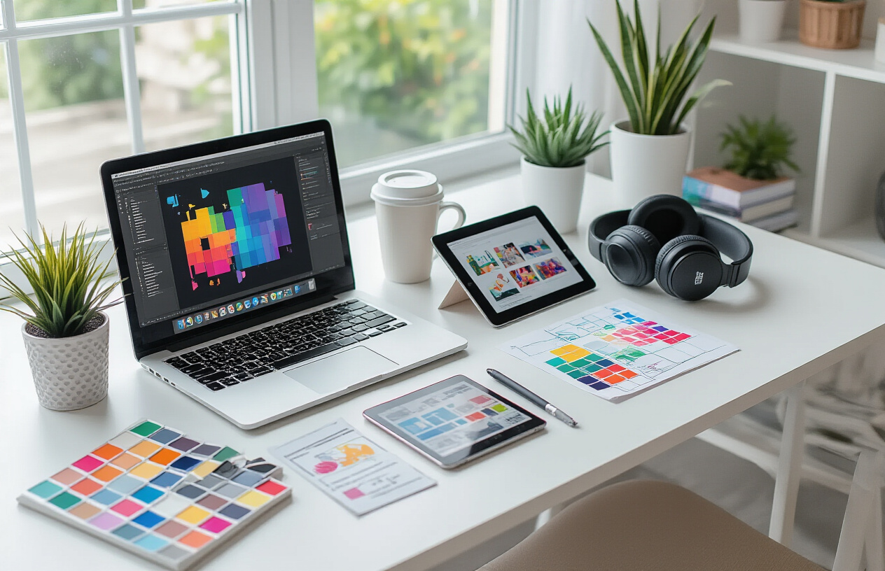 Create a realistic image of a modern workspace desk featuring multiple digital design tools and visual content creation elements, including a laptop displaying a colorful graphic design interface, a tablet with image editing software, a smartphone showing social media content, scattered color swatches and design sketches, a stylus pen, wireless headphones, and a coffee cup, all arranged on a clean white desk with soft natural lighting from a nearby window, creating a productive and creative atmosphere for community building work, absolutely NO text should be in the scene.