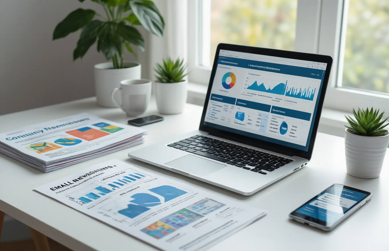 Create a realistic image of a modern laptop computer on a clean white desk displaying an email marketing dashboard interface with colorful charts and graphs, surrounded by marketing materials including printed newsletters and community engagement statistics, with a smartphone showing email notifications nearby, soft natural lighting from a window creating a professional workspace atmosphere, emphasizing digital marketing tools and community growth concepts. Absolutely NO text should be in the scene.