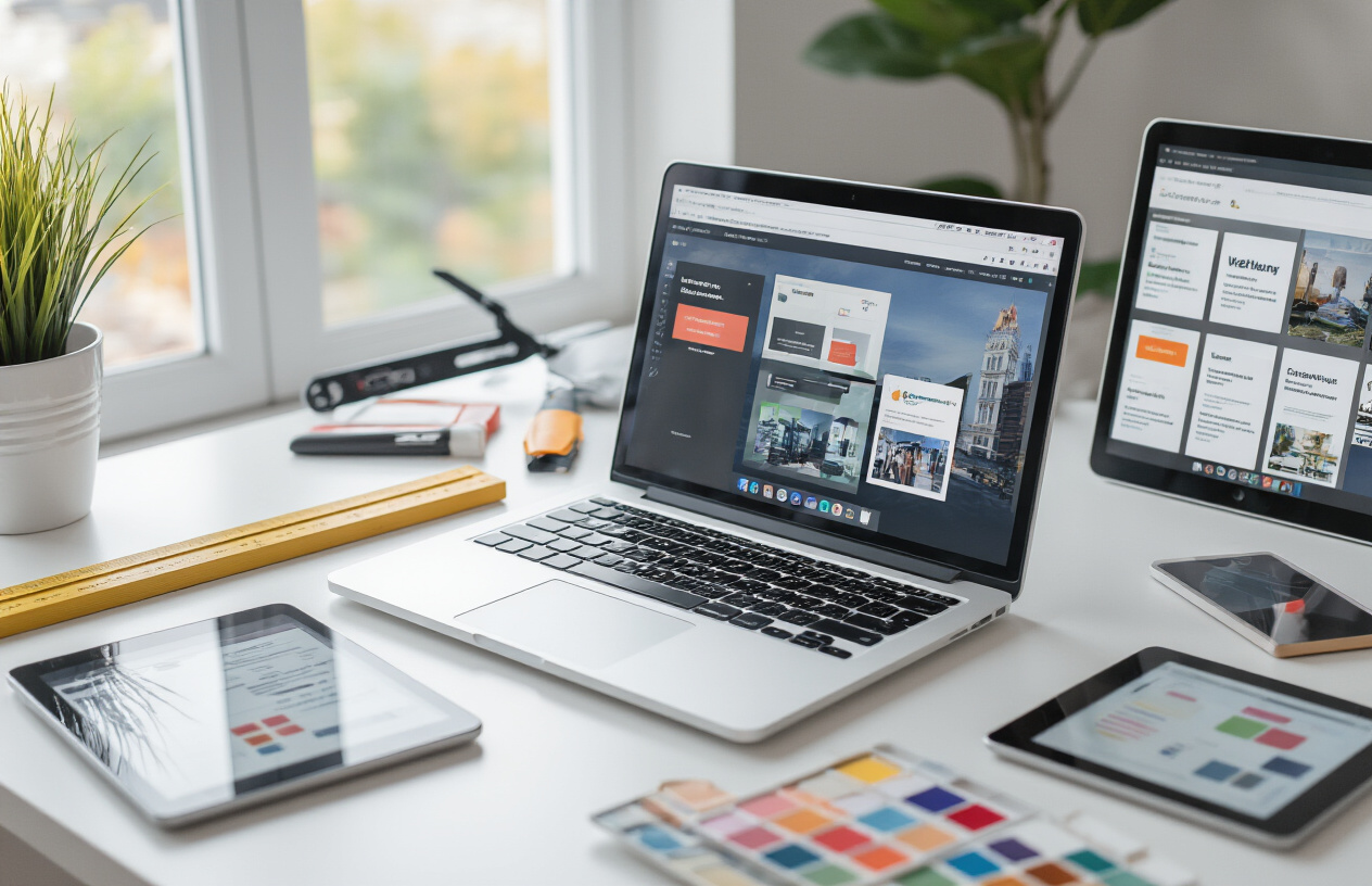 Create a realistic image of a modern laptop computer displaying a website builder interface with drag-and-drop elements visible on the screen, surrounded by scattered mobile devices and tablets showing different community platform layouts, with construction tools like a digital ruler and color palette icons floating subtly around the devices, set on a clean white desk with soft natural lighting from a window, creating a professional and organized workspace atmosphere that conveys digital foundation building. Absolutely NO text should be in the scene.