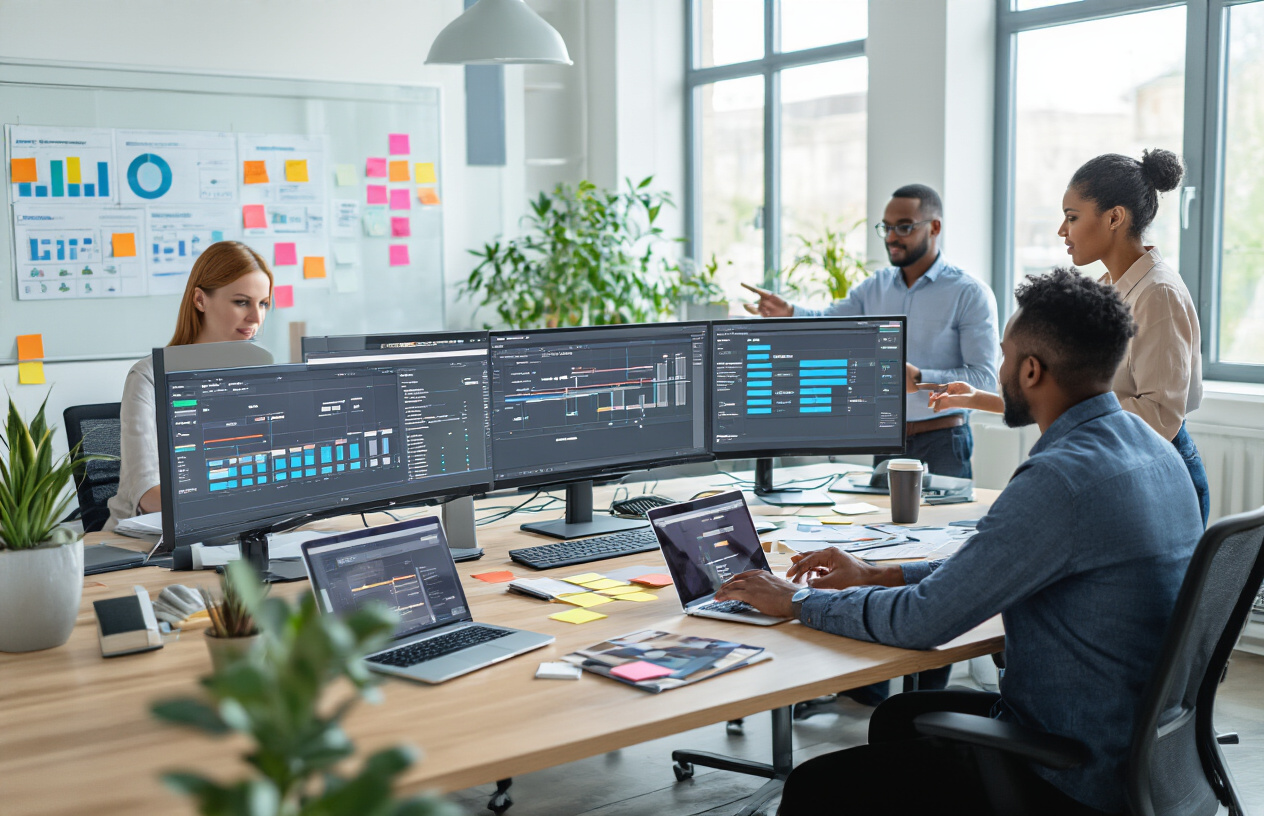 Create a realistic image of a modern office workspace featuring multiple computer monitors displaying project management dashboards with Gantt charts and task boards, a diverse group of professionals including a white female and black male collaborating around a large desk with laptops, tablets, and documents spread out, sticky notes on a glass whiteboard in the background, bright natural lighting from large windows, clean contemporary office environment with plants and modern furniture, people actively discussing and pointing at screens showing project timelines and team collaboration interfaces, professional business atmosphere with focus on teamwork and digital project management tools, absolutely NO text should be in the scene.