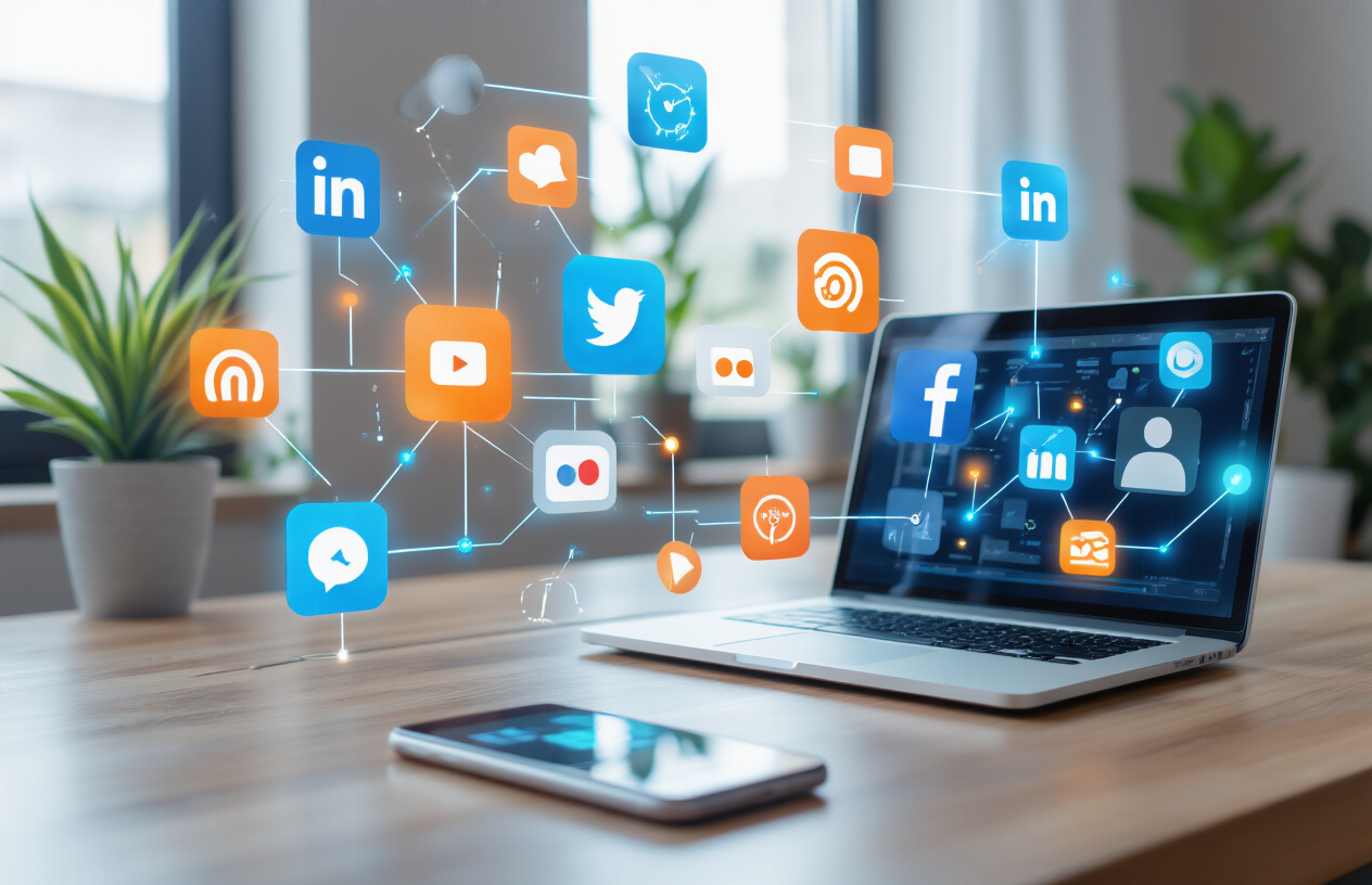 Create a realistic image of a modern workspace showing multiple social media platform icons and automation symbols floating above a laptop computer, with connected lines and arrows illustrating data flow between different social networks, featuring a clean desk setup with a smartphone displaying notification badges, digital connection nodes glowing softly in blue and orange colors, bright natural lighting from a window, professional office environment with plants in the background, representing seamless integration and automated workflows, absolutely NO text should be in the scene.