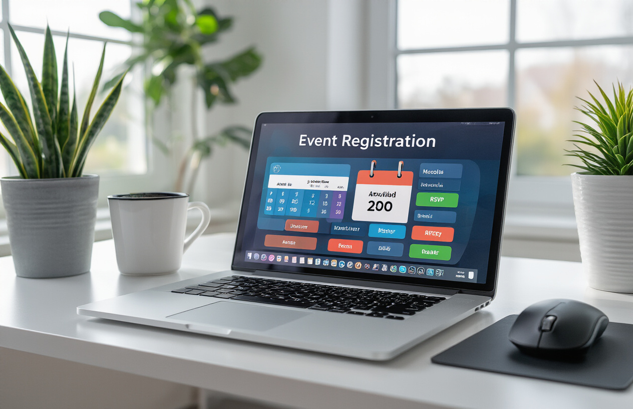 Create a realistic image of a modern laptop computer displaying a colorful event registration interface with calendar icons, RSVP buttons, and attendee management dashboard elements visible on the screen, positioned on a clean white desk with a wireless mouse nearby, soft natural lighting from a window creating a professional workspace atmosphere, bright and organized mood suggesting efficiency and digital organization. Absolutely NO text should be in the scene.