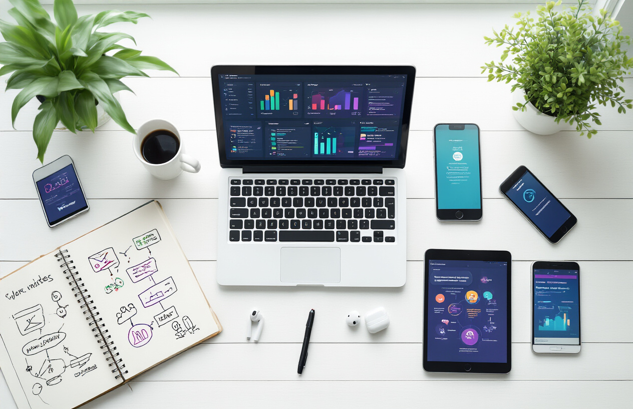 Create a realistic image of a modern workspace desk from above showing an open laptop displaying colorful dashboard interfaces, surrounded by scattered smartphones and tablets with various app screens visible, a notebook with hand-drawn flowcharts and community diagrams, a coffee cup, wireless earbuds, and a small potted plant, all arranged on a clean white wooden desk surface with soft natural lighting from a nearby window, conveying a sense of productivity and digital connectivity for online community building, absolutely NO text should be in the scene.