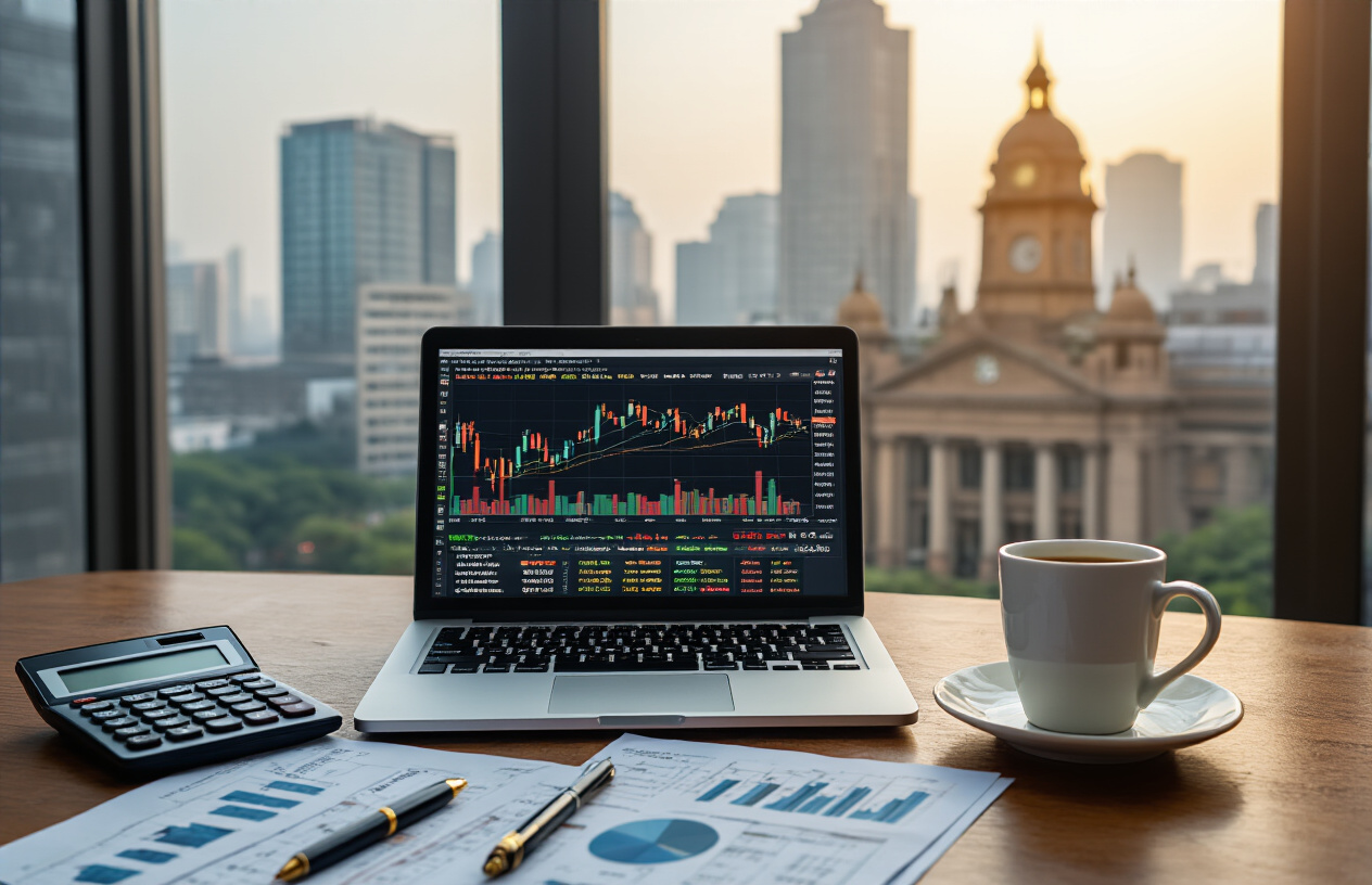 Create a realistic image of a modern Indian business professional's desk setup showing financial analysis work, featuring a laptop displaying colorful stock market charts and graphs with PE ratio indicators, scattered financial documents and reports, a calculator, pen, and coffee cup, with the Indian stock exchange building visible through a large window in the background, warm natural lighting creating a professional analytical atmosphere, absolutely NO text should be in the scene.