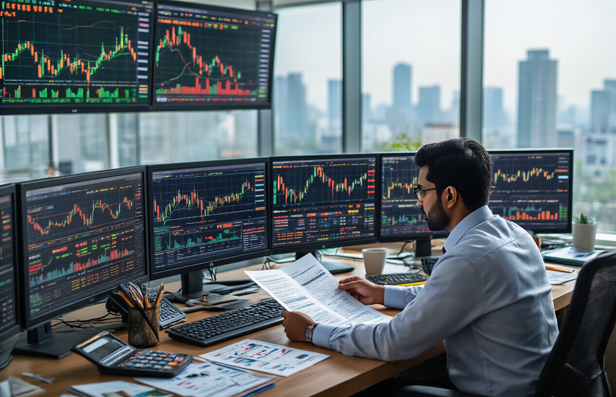 Create a realistic image of a modern Indian stock market trading floor with multiple computer screens displaying colorful stock charts, financial graphs, and PE ratio data visualizations, featuring an Indian male analyst in business attire examining documents with stock performance metrics, surrounded by trading desks with multiple monitors showing green and red candlestick charts, bull and bear market indicators, and financial data tables, set in a professional office environment with glass windows overlooking Mumbai's financial district skyline, bright natural lighting streaming through windows creating a focused business atmosphere, with calculators, financial reports, and analytical tools scattered on the desk, absolutely NO text should be in the scene.